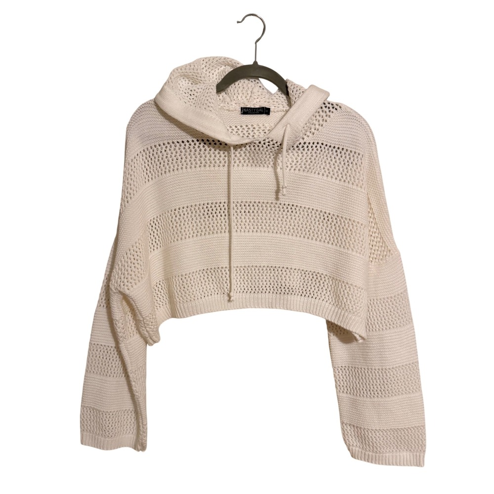 Nasty Gal Cream Open Knit Cropped Hoodie Sweater Small Bohemian Airy